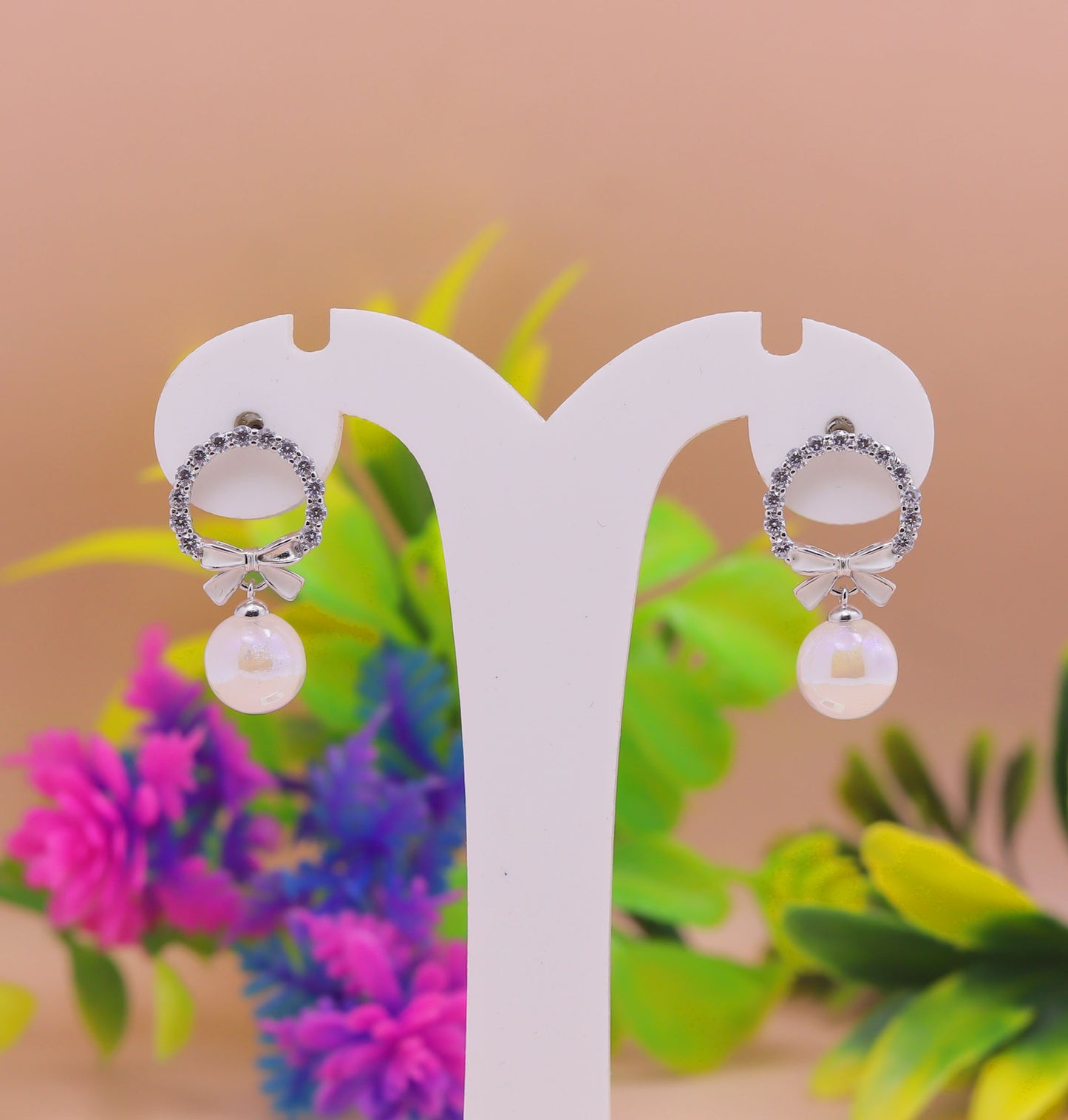 Pearl Drop Bow Silver Stud Earrings