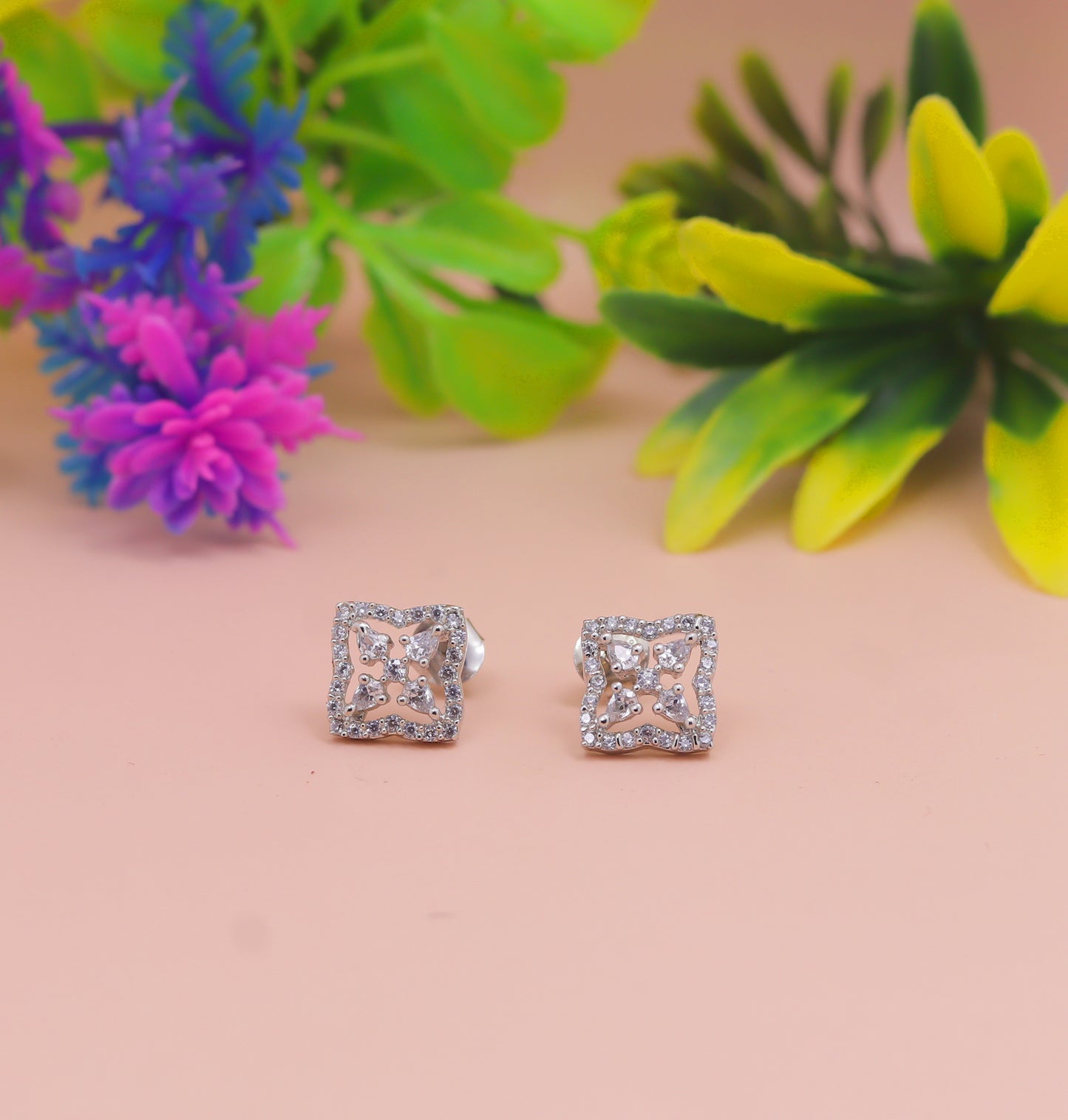 Square Floral Diamond-Style Silver Stud Earrings