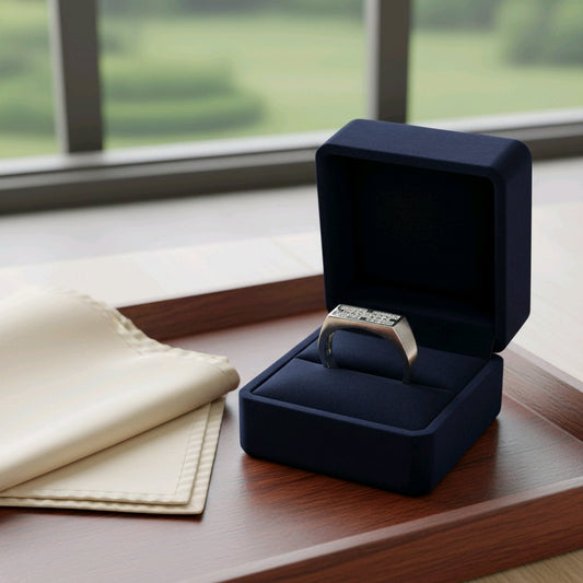 Men’s Rectangular Silver Ring – Modern Diamond-Look Design