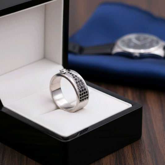 Men’s Silver Band Ring with Black Stone Detailing