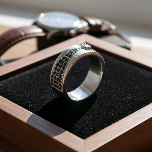 Men’s Silver Band Ring with Black Stone Detailing
