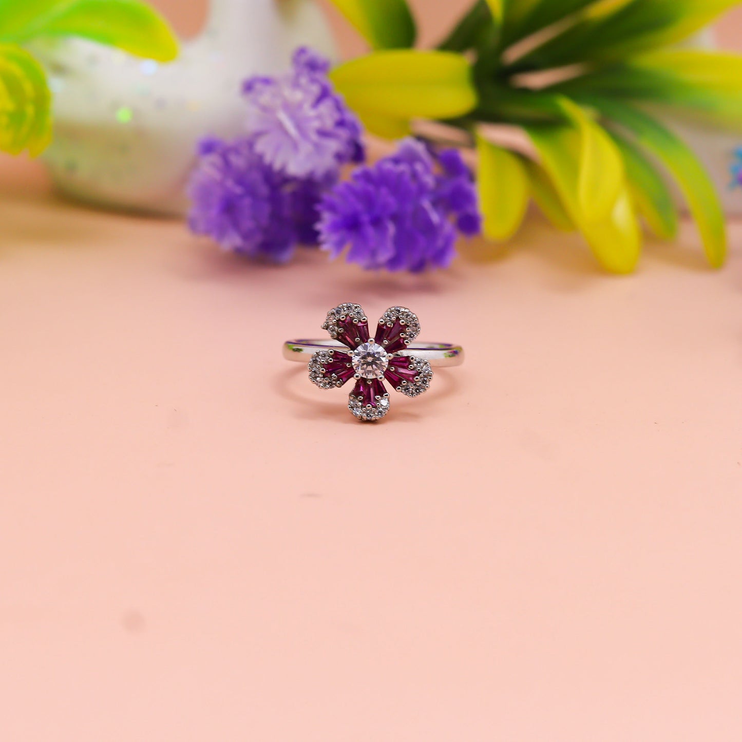 Ruby Blossom Silver Ring