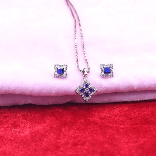 Royal Sapphire Square Silver Pendant Set