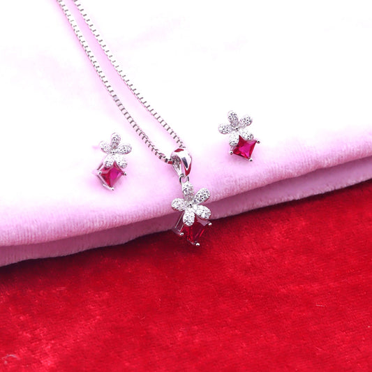 Ruby Bloom Floral Silver Pendant Set