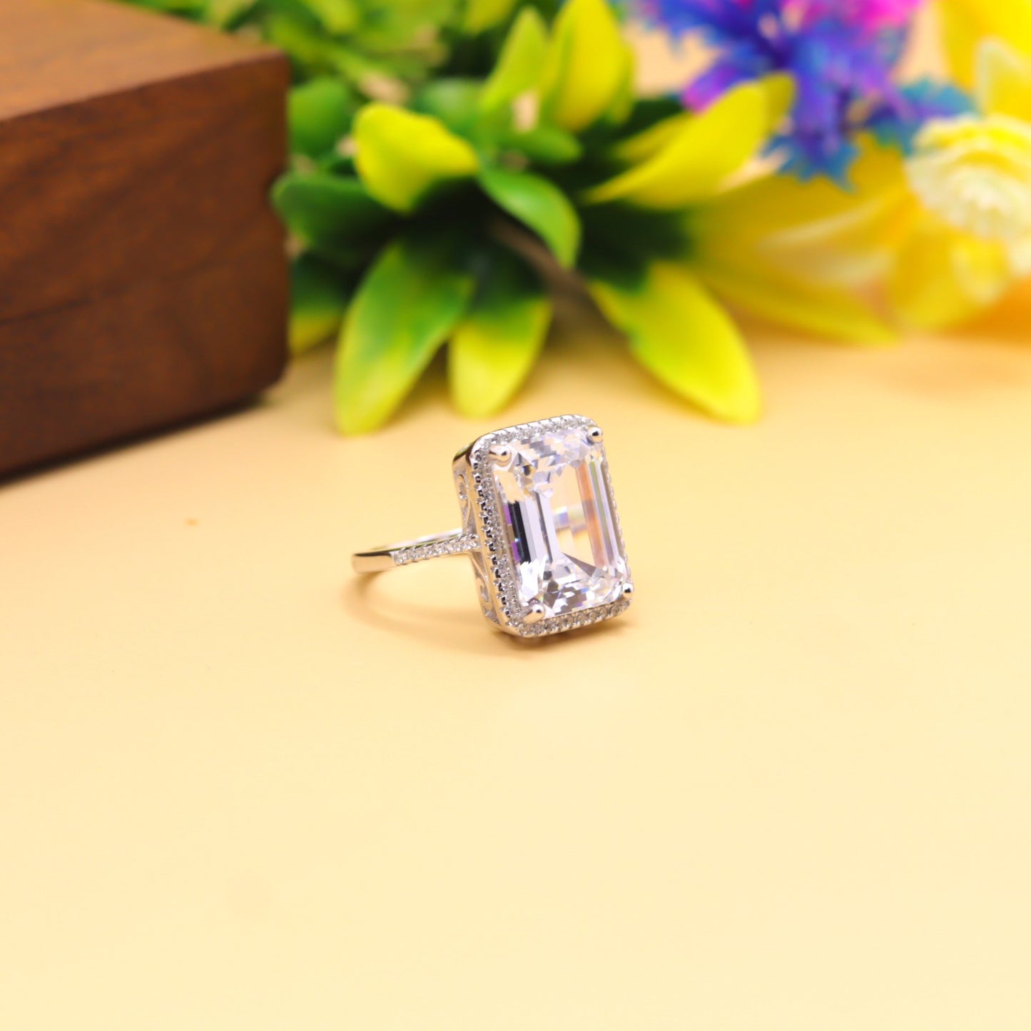 Regal Emerald-Cut Halo Silver Ring