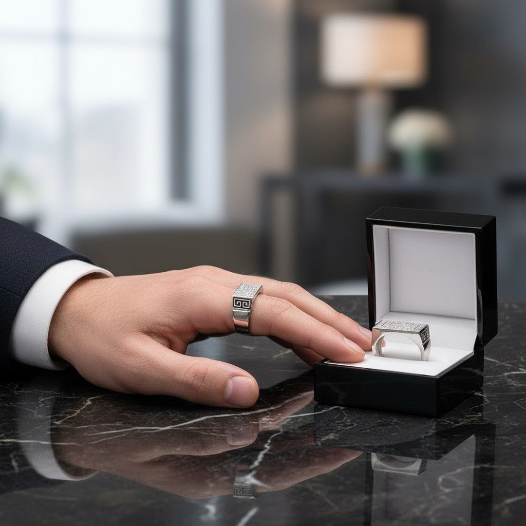 Imperial Greek Key Pavé Silver Ring