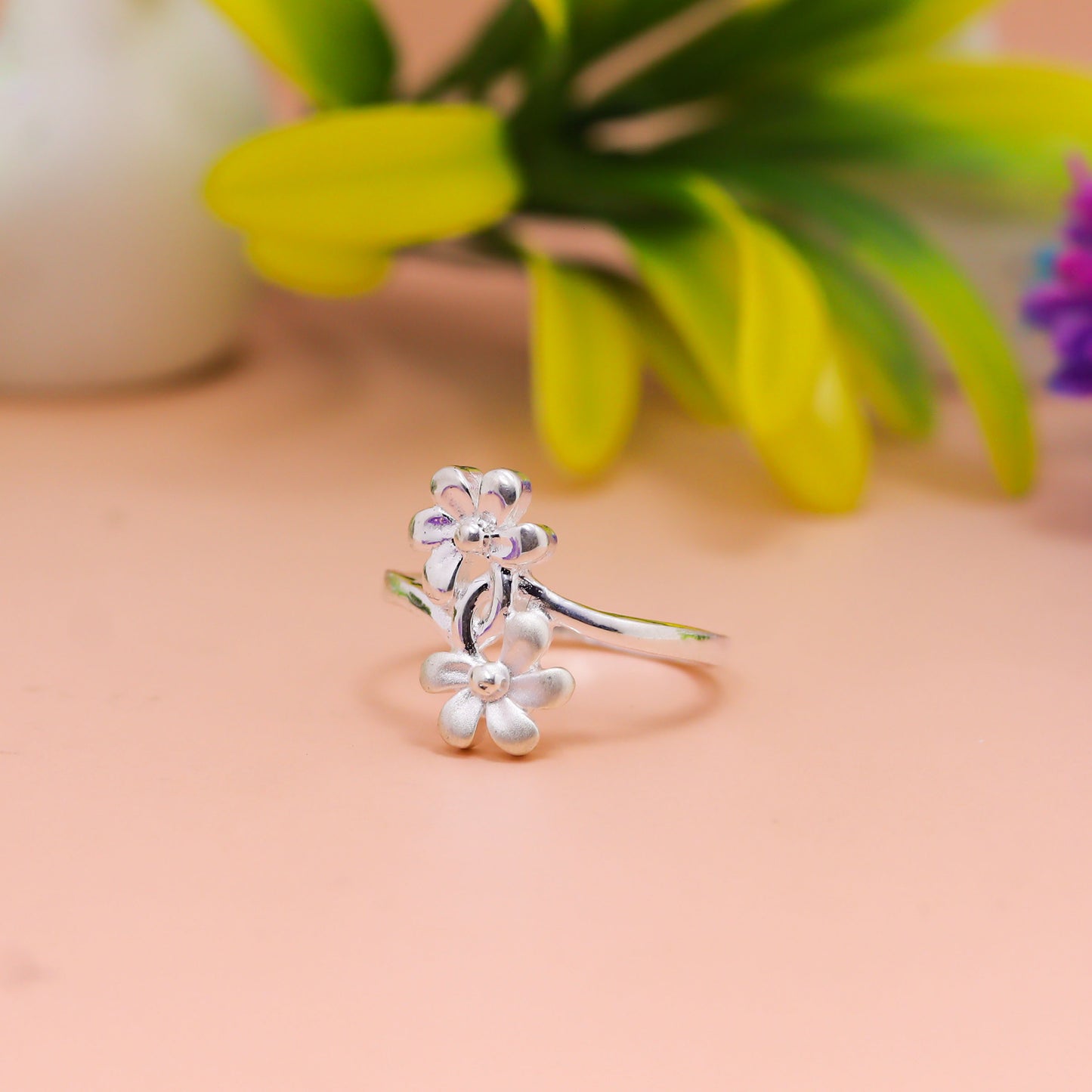 Dual Bloom Floral Silver Ring