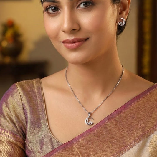 Celestial Crescent Moon Silver Pendant Set