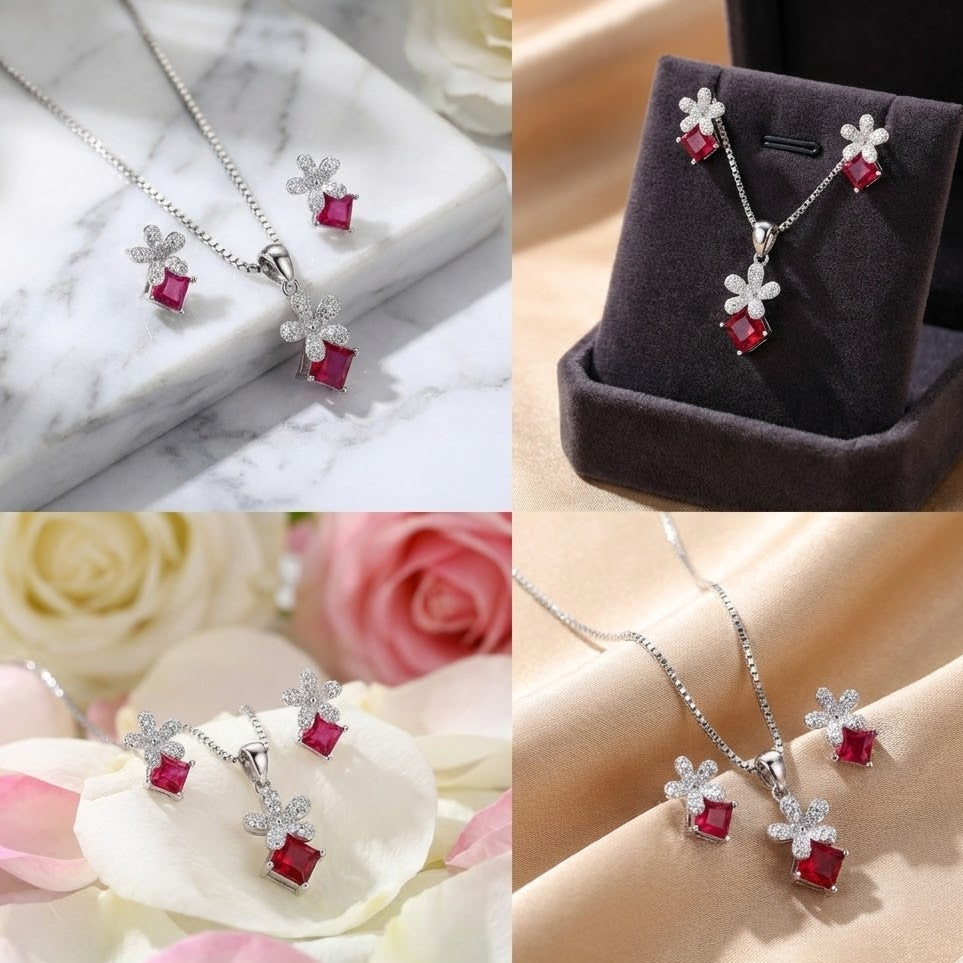 Ruby Bloom Floral Silver Pendant Set