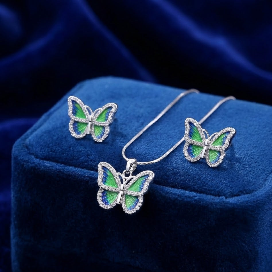 Emerald Wing Butterfly Silver Pendant Set