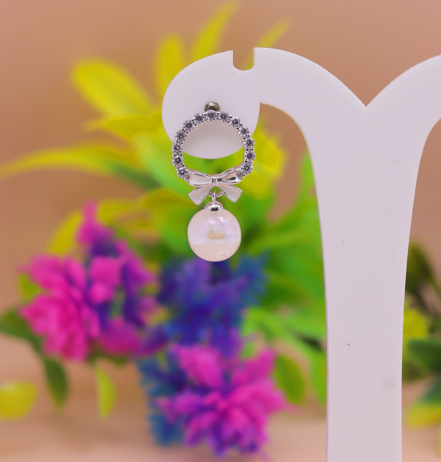 Pearl Drop Bow Silver Stud Earrings