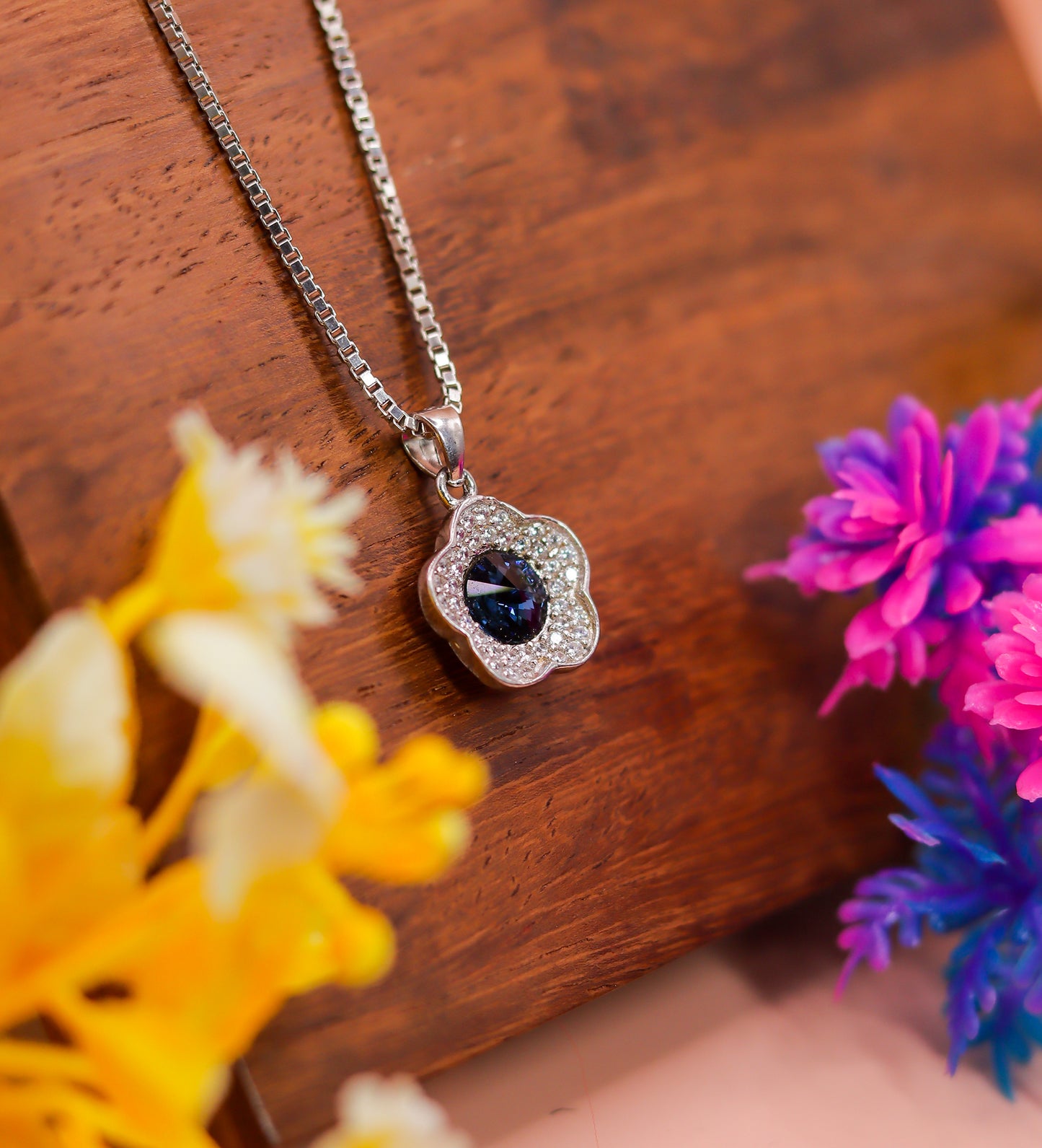 Floral Blue Stone Pendant in 925 Sterling Silver