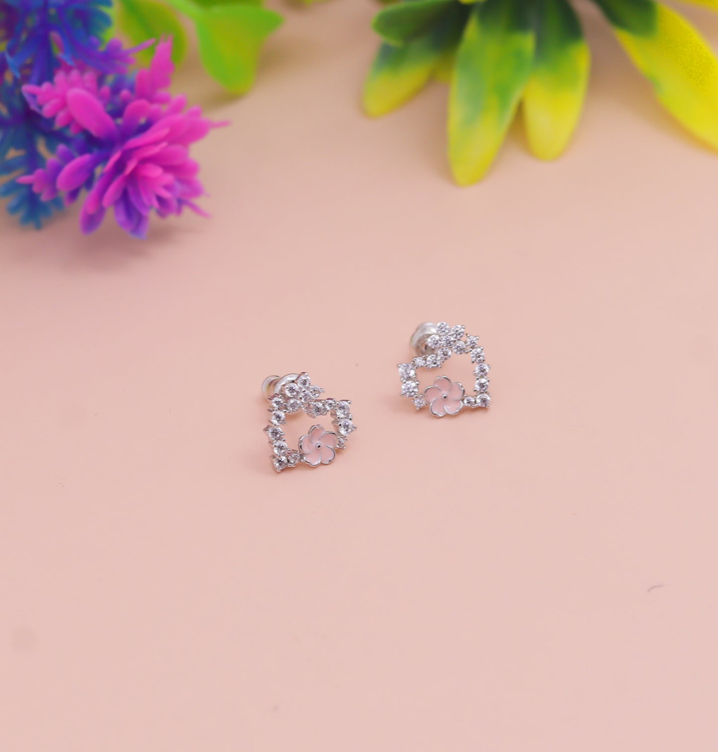 Floral Heart Silver Stud Earrings