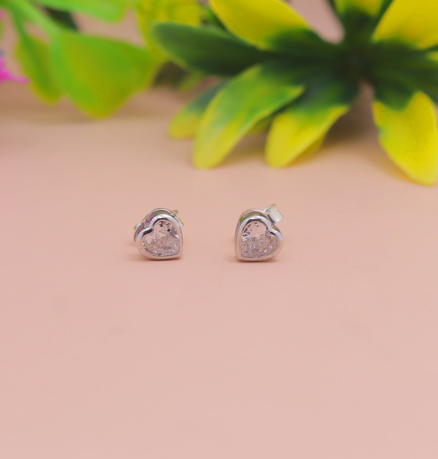 Heart-Shaped Crystal Silver Stud Earrings