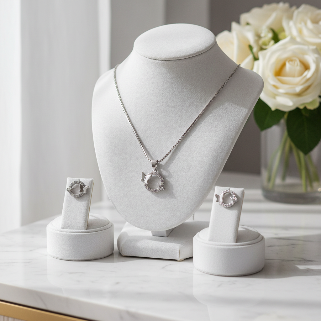 Elegant Silver Butterfly Circle Pendant Set