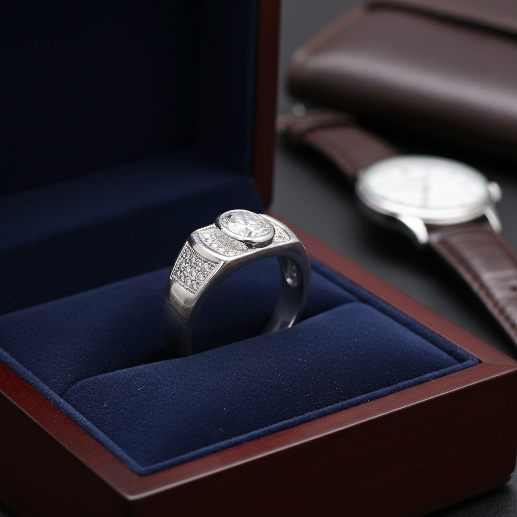 Luxury Silver Men’s Oval-Cut Sparkling Ring
