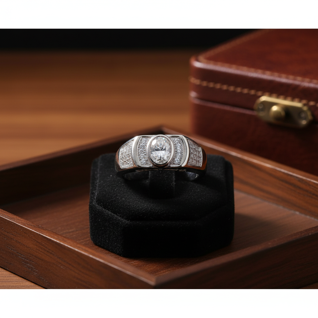 Luxury Silver Men’s Oval-Cut Sparkling Ring