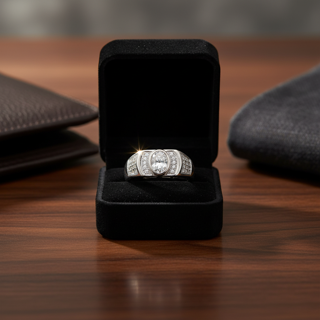Luxury Silver Men’s Oval-Cut Sparkling Ring
