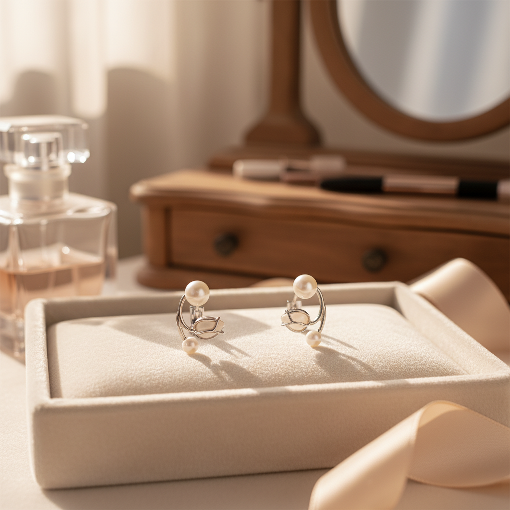 Floral Pearl Vine Earrings – Elegant Silver Finish Design