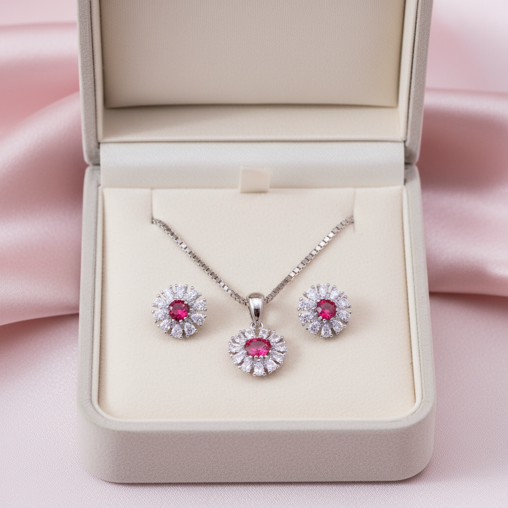 Premium Silver Ruby Stone Pendant Set