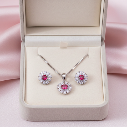 Premium Silver Ruby Stone Pendant Set