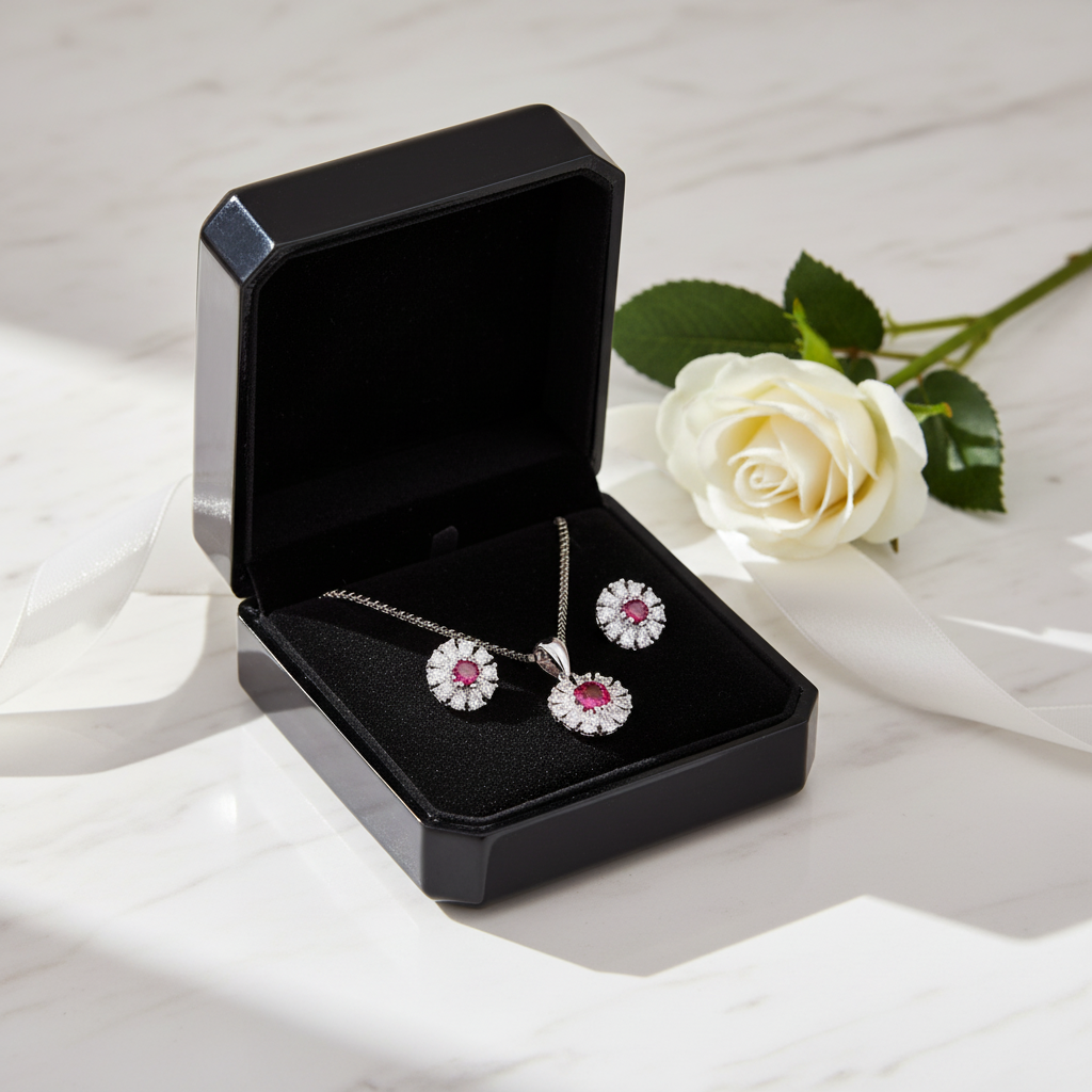 Premium Silver Ruby Stone Pendant Set