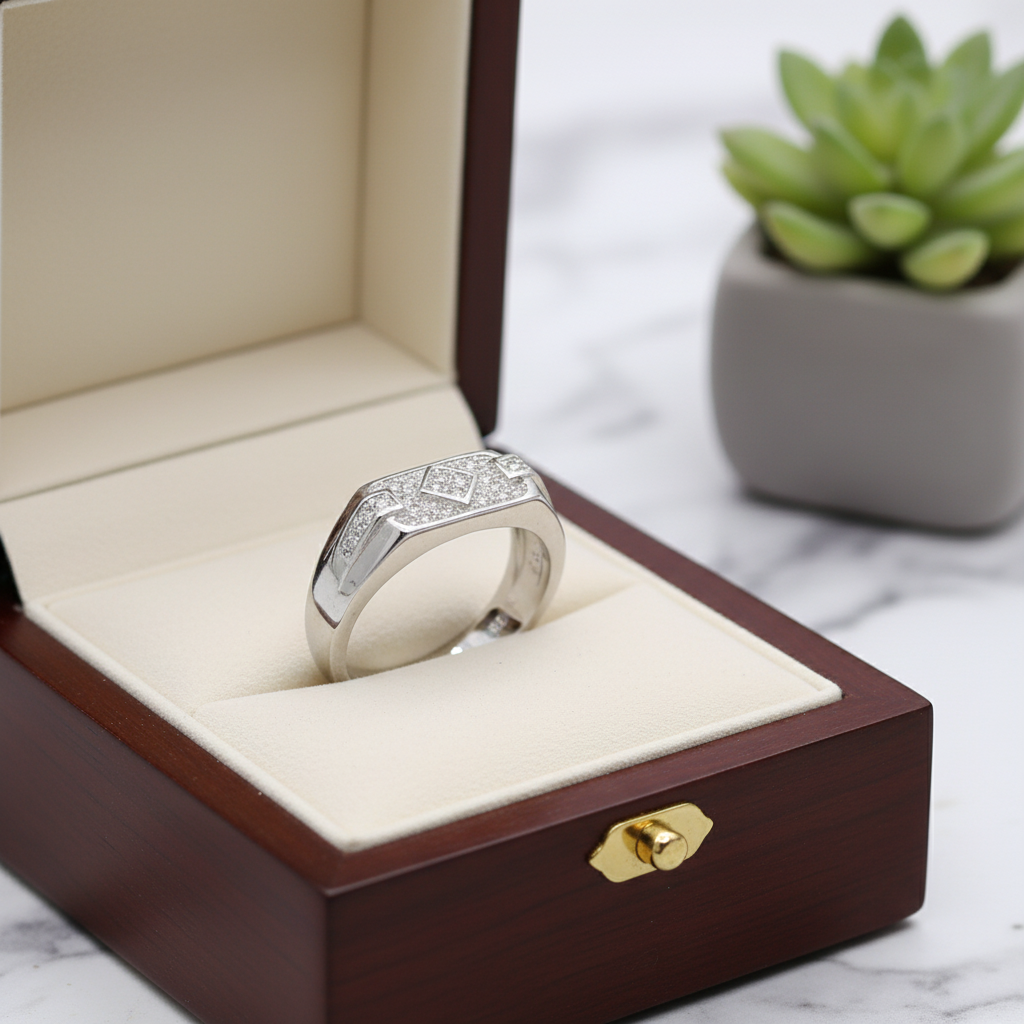 Regal Diamond-Pattern Silver Statement Ring