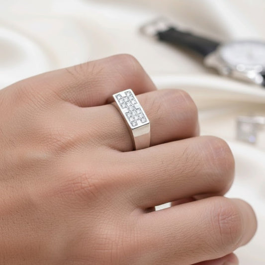 Men’s Rectangular Silver Ring – Modern Diamond-Look Design
