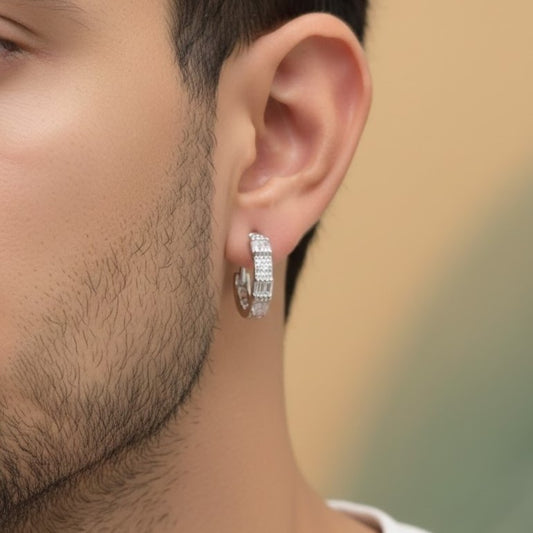 Silver Baguette Stone Hoop Earrings