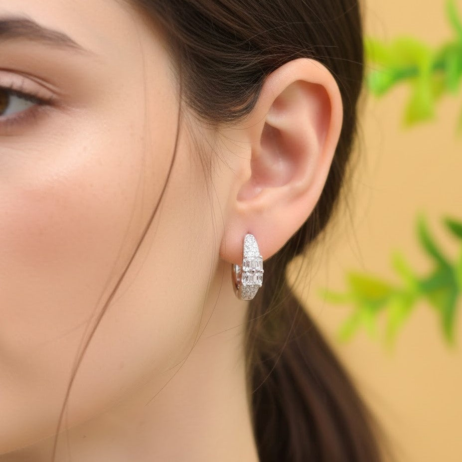 Elegant Silver Baguette-Cut Hoop Earrings