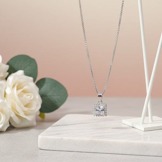 Elegant Square-Cut 925 Silver Pendant with Sparkling Stones