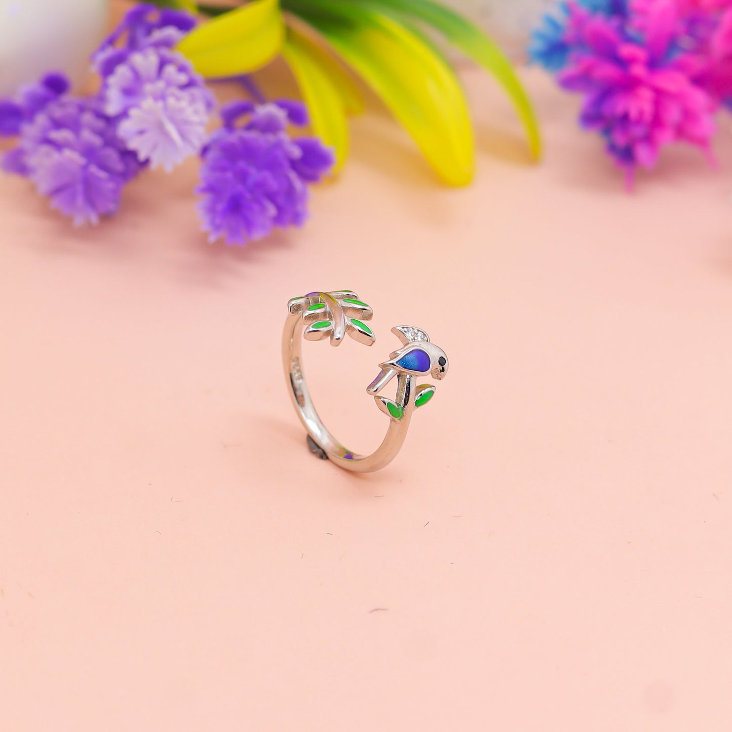 Enchanted Bird & Leaf Silver Ring