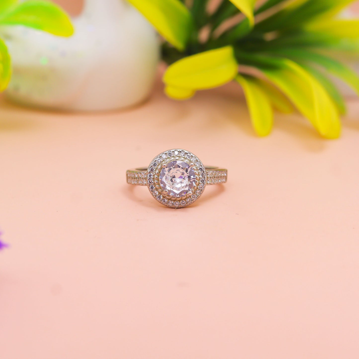 Elegant Halo Solitaire Silver Ring