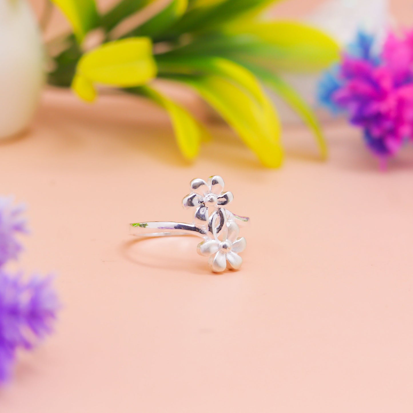 Dual Bloom Floral Silver Ring