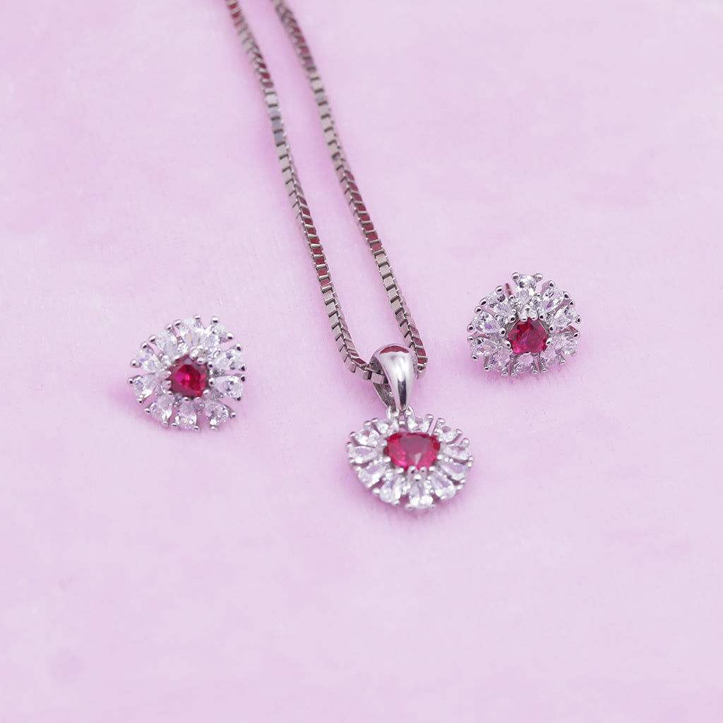 Premium Silver Ruby Stone Pendant Set