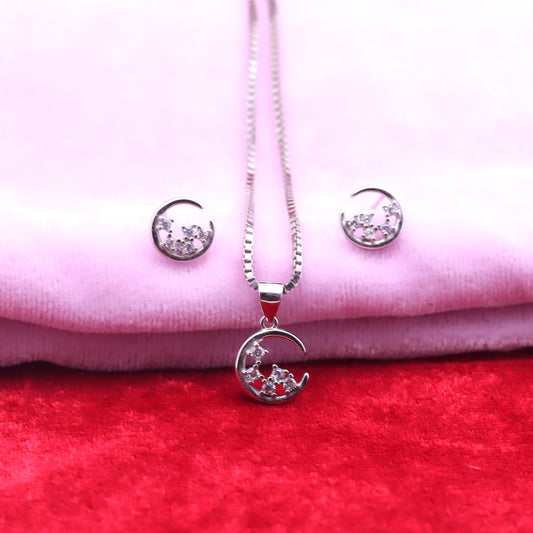 Celestial Crescent Moon Silver Pendant Set