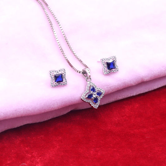 Royal Sapphire Square Silver Pendant Set