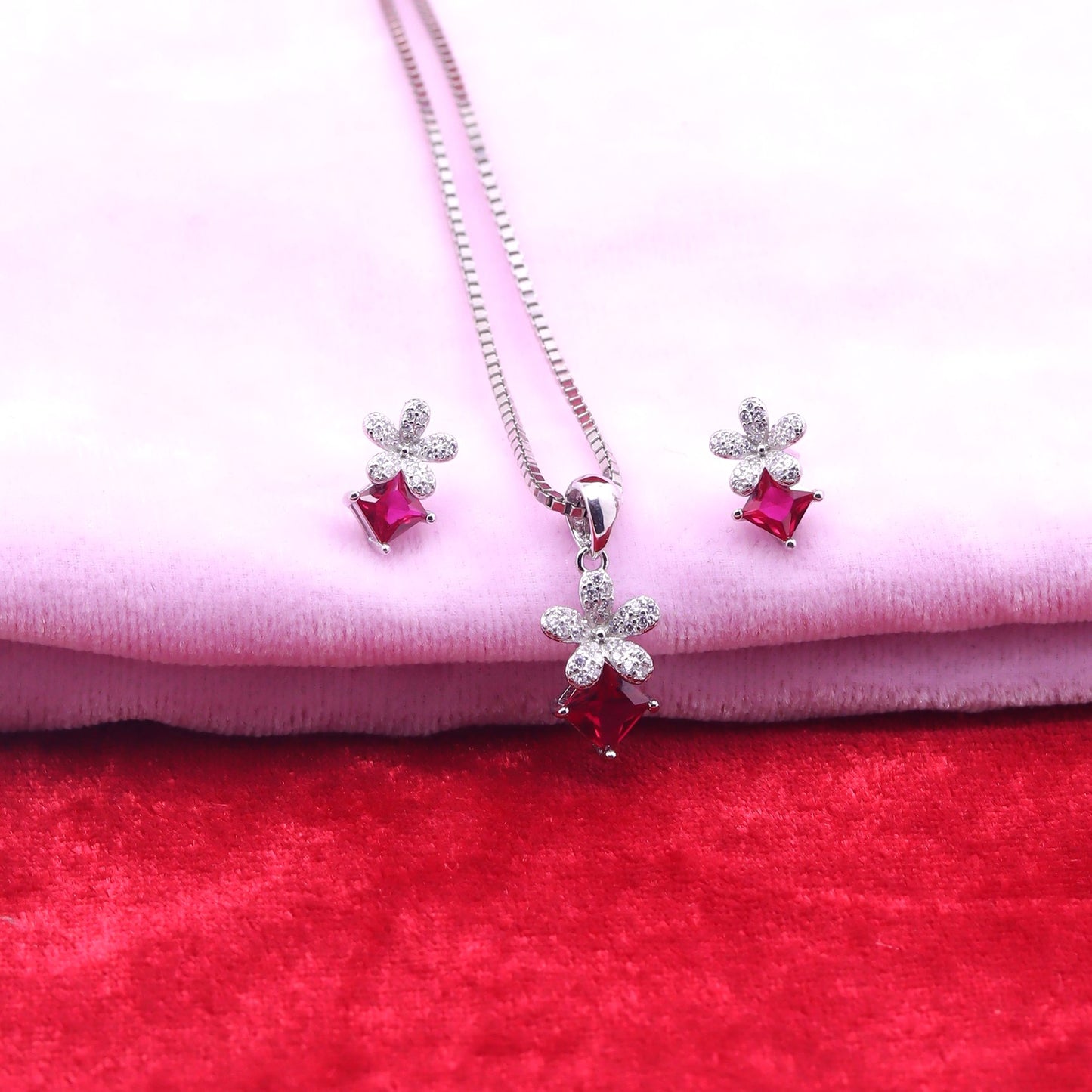 Ruby Bloom Floral Silver Pendant Set