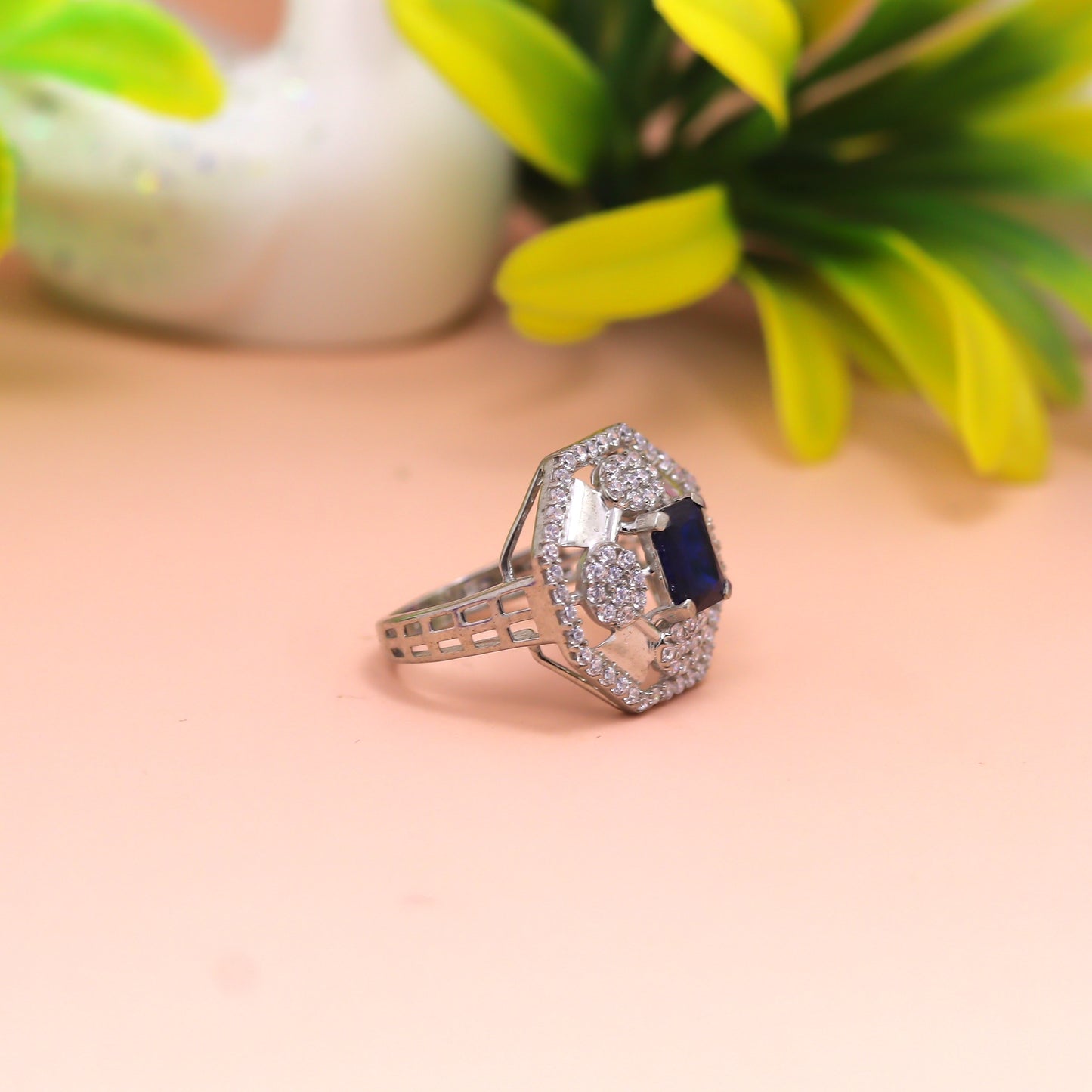 Royal Sapphire Halo Silver Ring
