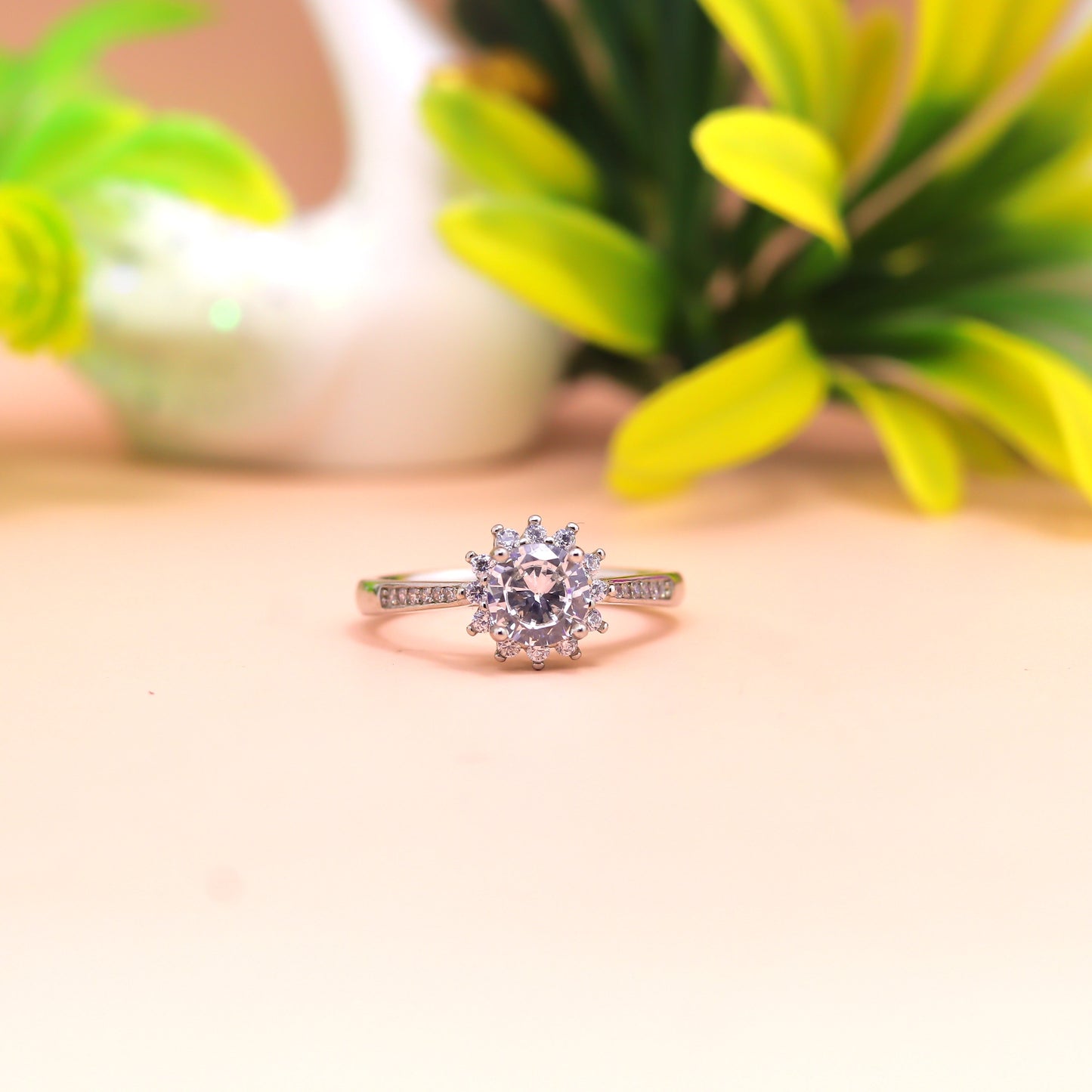 Classic Halo Solitaire Silver Ring