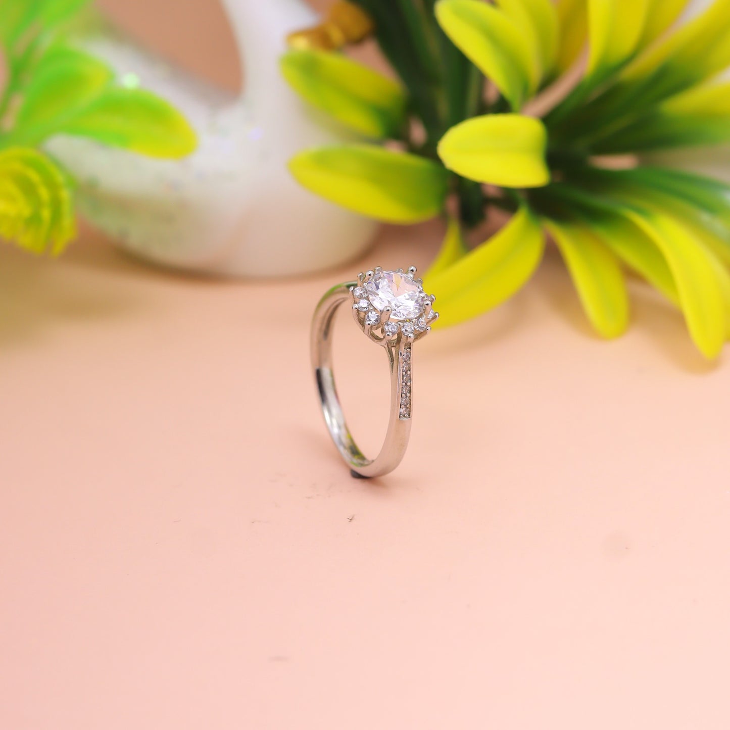 Classic Halo Solitaire Silver Ring