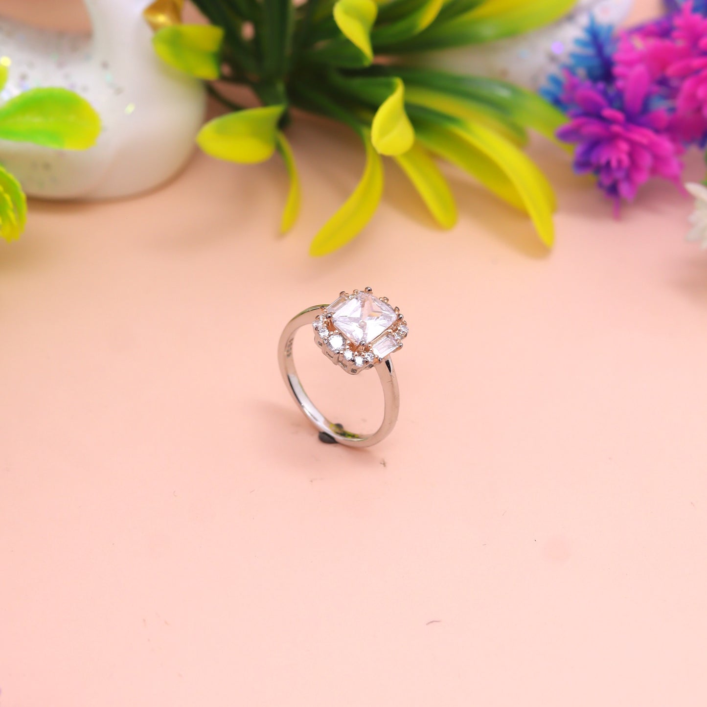 Princess Cut Halo Silver Ring