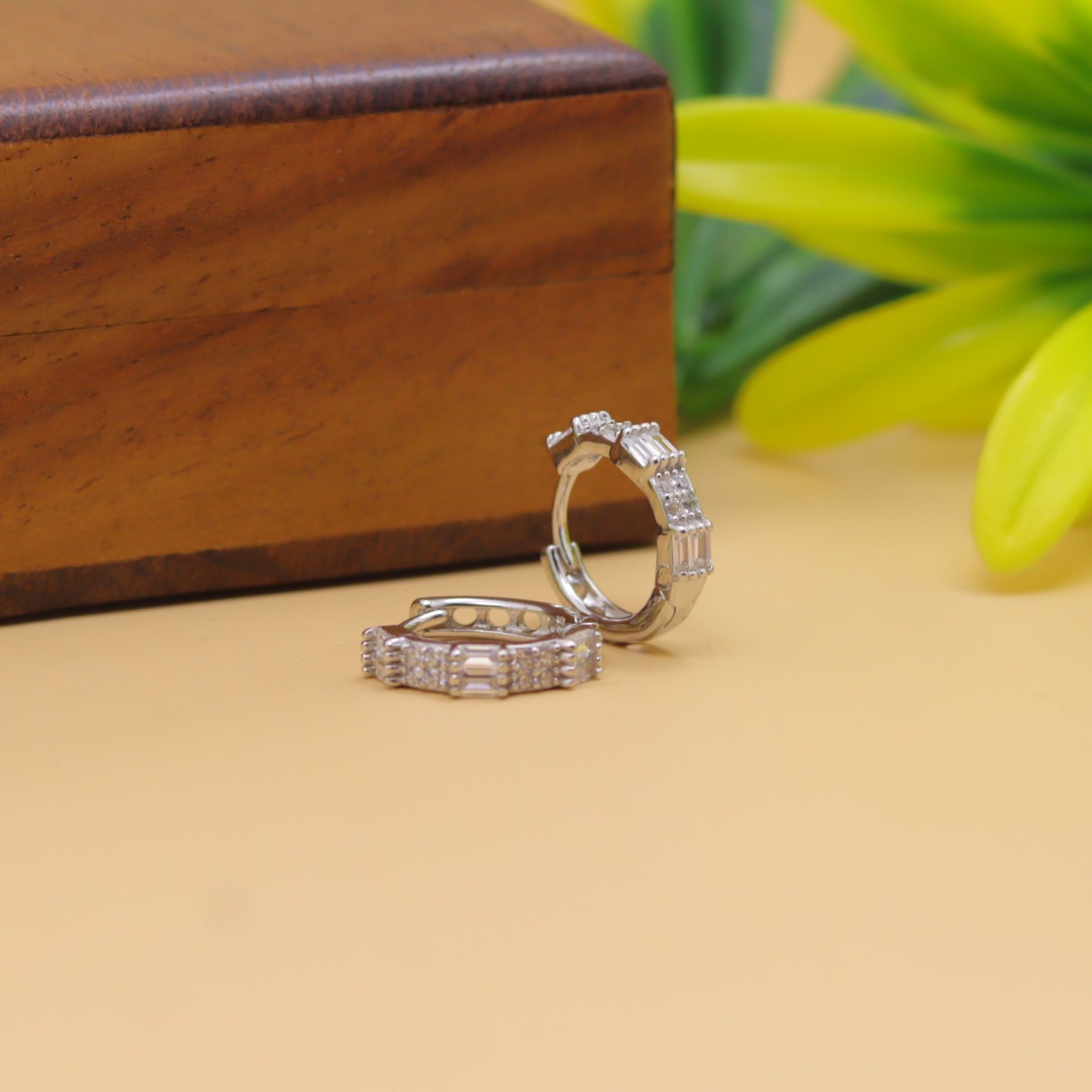 Silver Baguette Stone Hoop Earrings