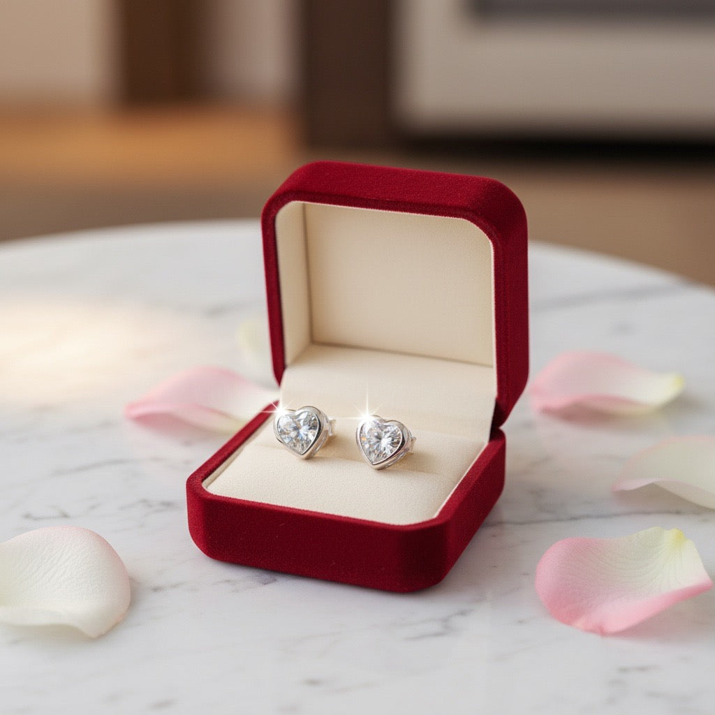 Heart-Shaped Crystal Silver Stud Earrings