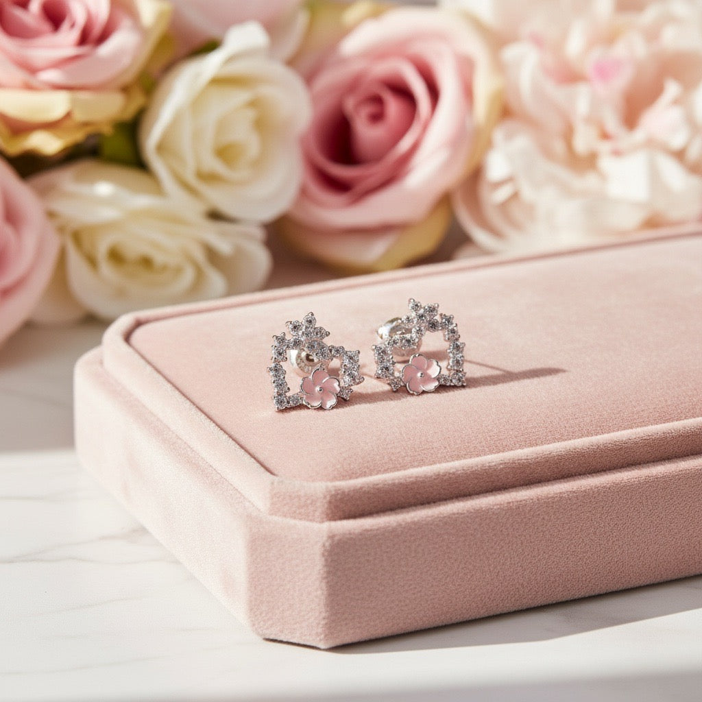 Floral Heart Silver Stud Earrings