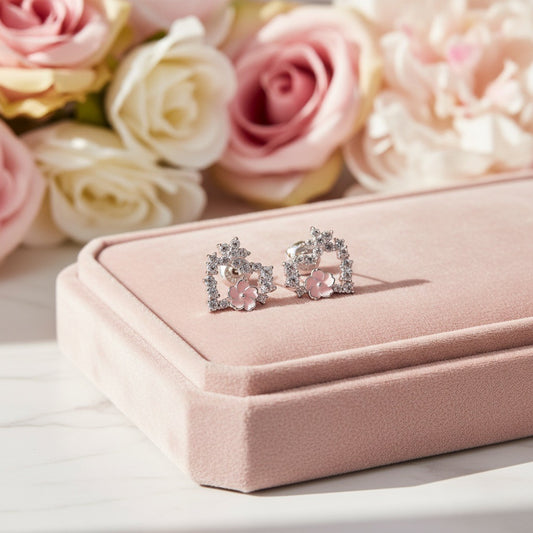 Floral Heart Silver Stud Earrings