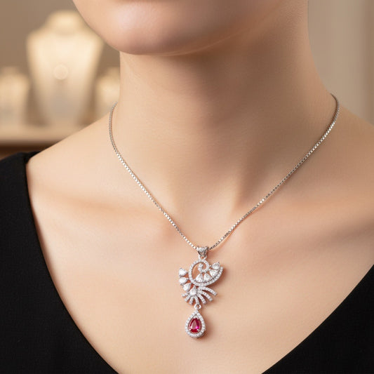 Royal Crescent Ruby Drop Silver Pendant