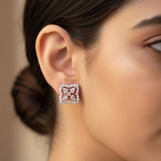 Square Floral Diamond-Style Silver Stud Earrings
