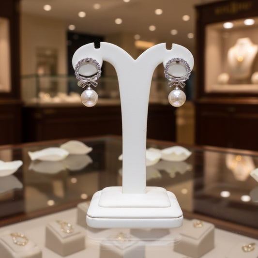 Pearl Drop Bow Silver Stud Earrings