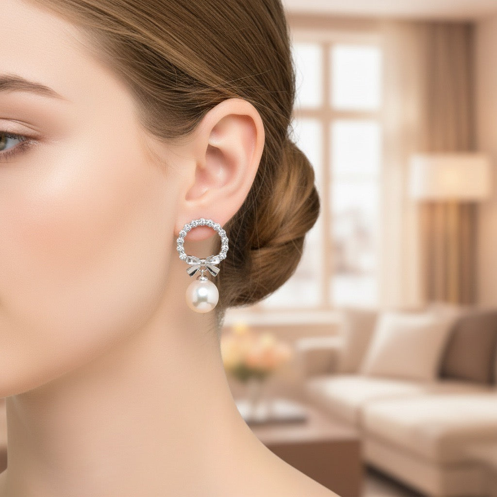 Pearl Drop Bow Silver Stud Earrings